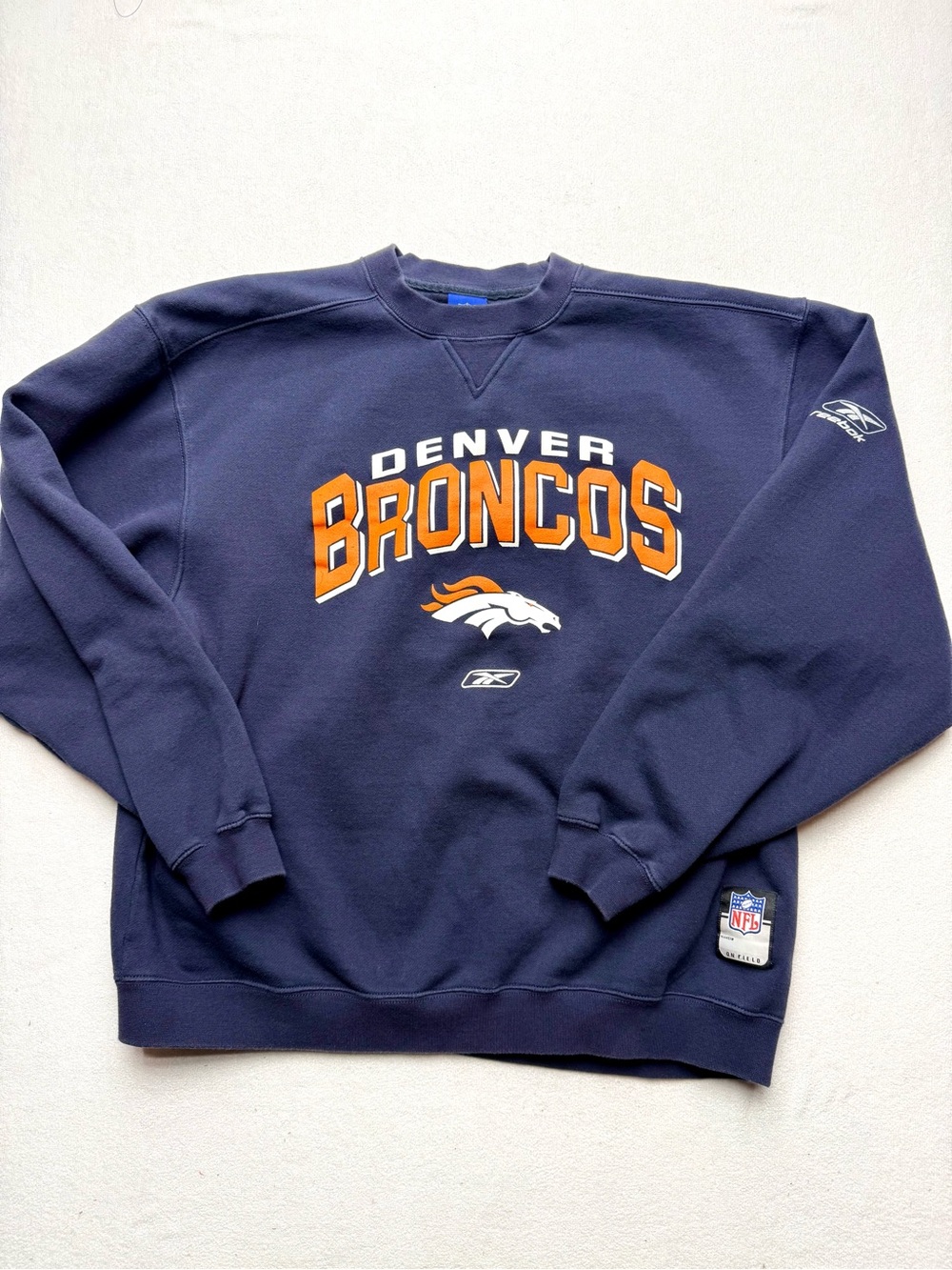 Reebok NFL Navy Denver Broncos Crewneck with Orange and White Graphics